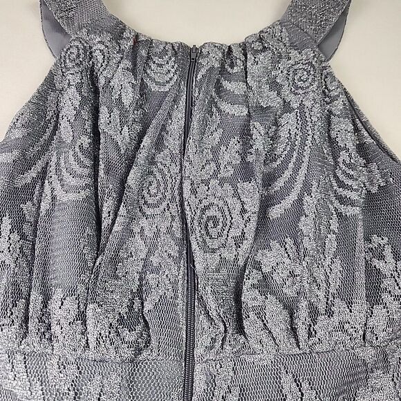 J. Taylor Silver Halter Party Dress Size 14 Floral Lace Shimmer Gathered Waist - Picture 10 of 11